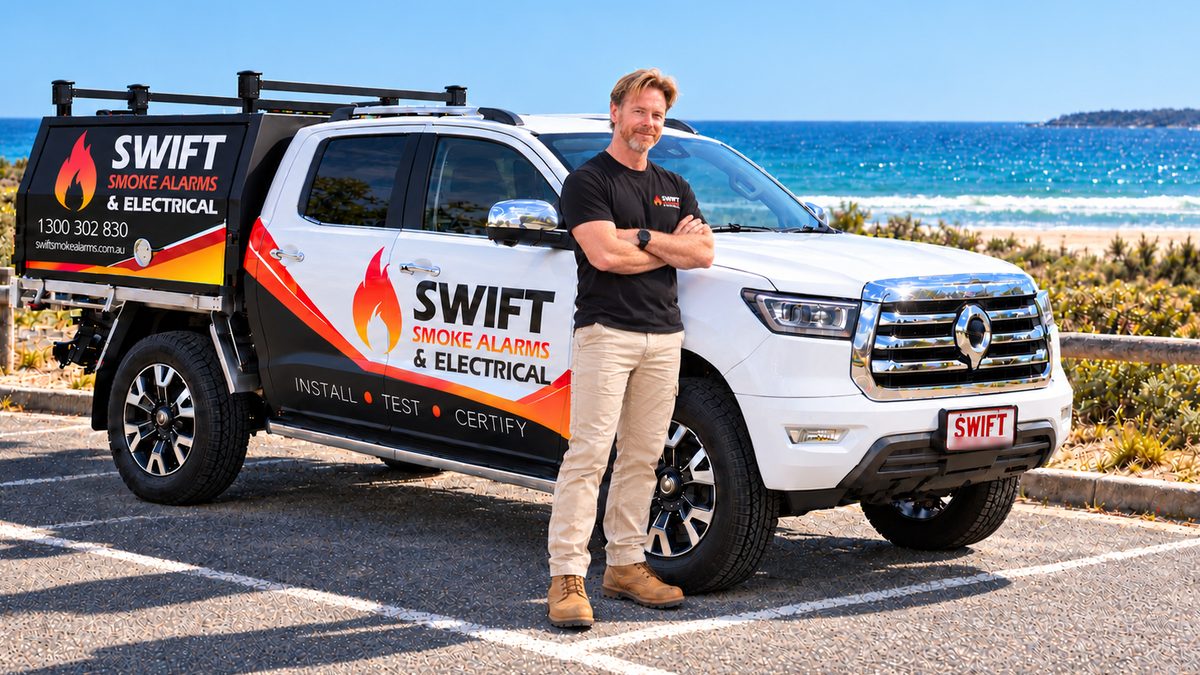 Nick, owner and licensed electrician, with the Swift Smoke Alarms ute